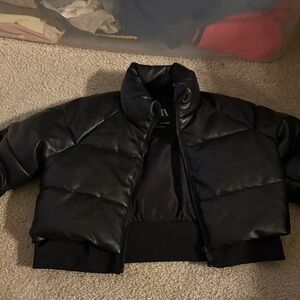 Black kids Faux Leather  Puffer Jacket
